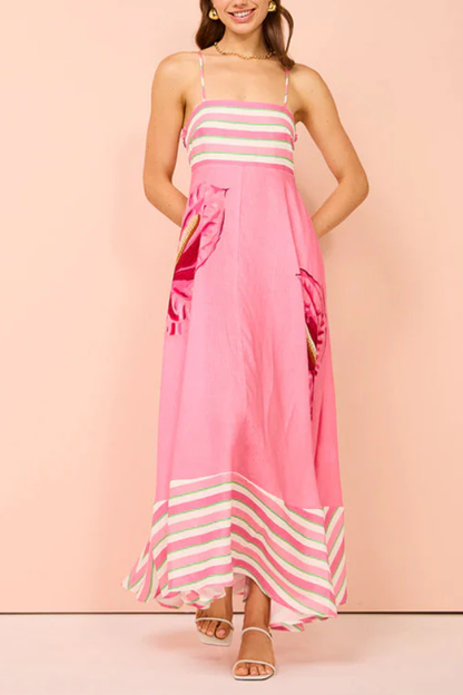 Vestido largo camisola con estampado floral y rayas sin espalda