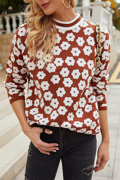 Suéter de punto con estampado floral y cuello alto, suéter ligero con bloques de color