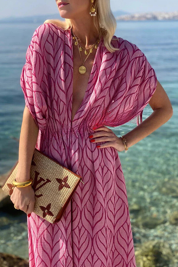 Vestido largo playero estilo kimono con diseño de cordón estampado