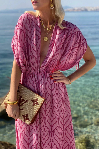 Vestido largo playero estilo kimono con diseño de cordón estampado