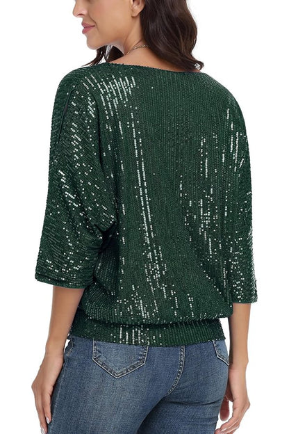 Top casual holgado de cuello redondo con lentejuelas de color liso