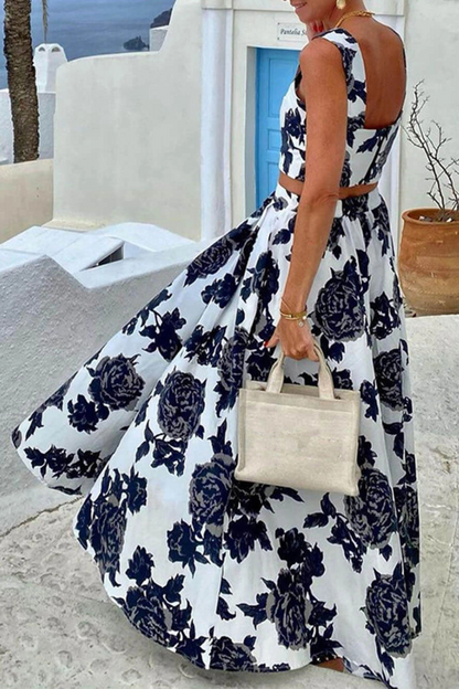 Conjunto de dos piezas de top y falda con tirantes y estampado de moda