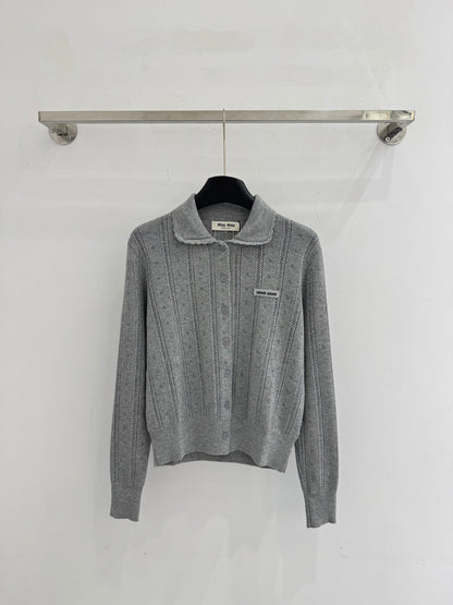 Miumiu 2025 Knit Cardigan White and Gray Wool