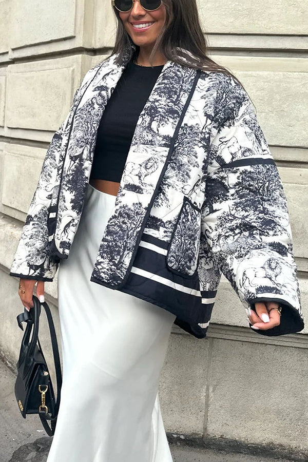 Chaqueta tipo kimono de algodón acolchado con bolsillo y estampado de tinta de porcelana con canciones románticas 