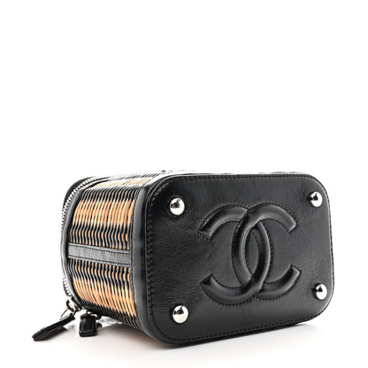 Calfskin Raffia Small Vanity Case Bag Black Beige