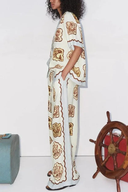 Pantalones anchos con bolsillo y cintura elástica con estampado único de mezcla de lino Lakeside Breeze