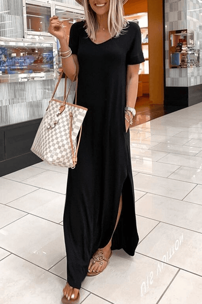 VESTIDO IRREGULAR CON CUELLO EN V Y ABERTURA ACOGEDOR