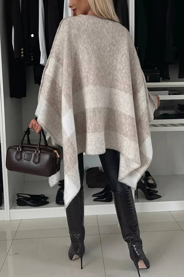 Poncho holgado con mangas murciélago, de punto a cuadros y bloques de color, tranquilo y elegante 