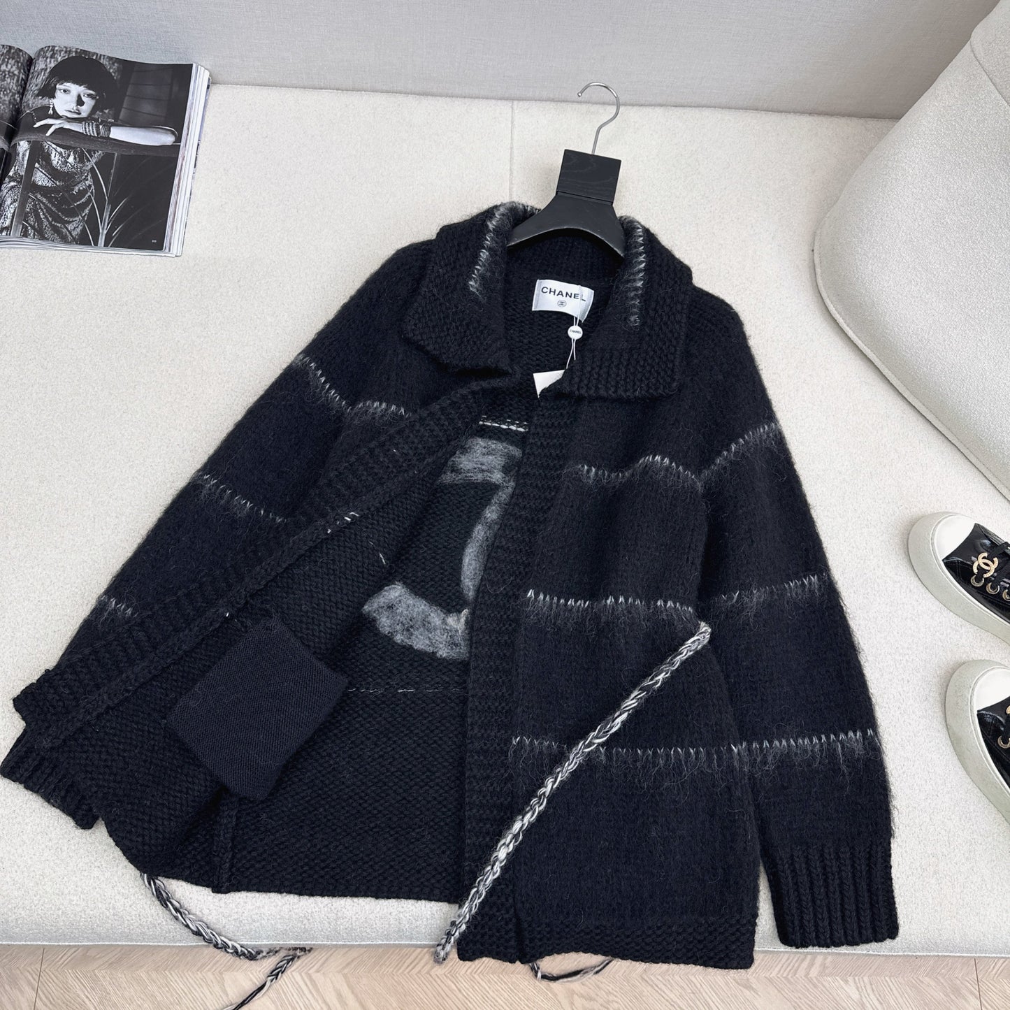 CC Mohair Wool Fluffy Black and White Belt Cardigan