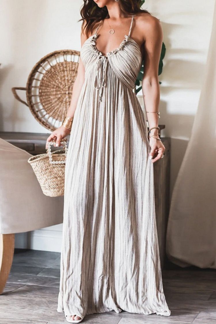Vestido largo ligero con espalda halter, lazo y estampado de aguas profundas