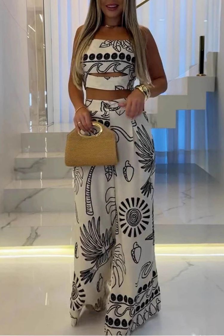 Conjunto elegante y único de top con tirantes y pantalones anchos con estampado étnico