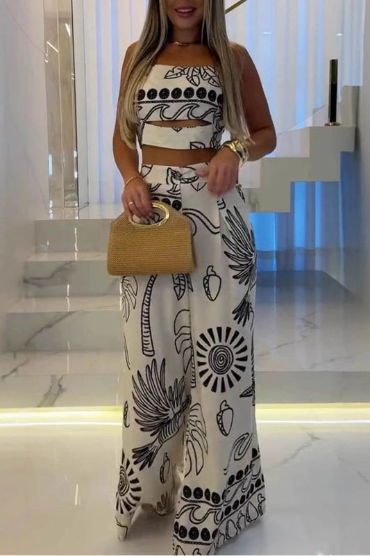 Conjunto elegante y único de top con tirantes y pantalones anchos con estampado étnico
