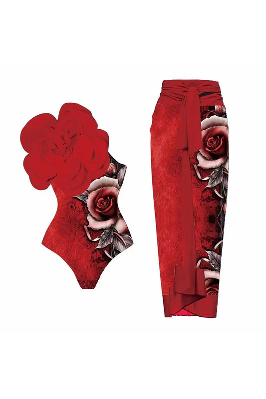 3D Red Floral Print One-Piece Swimsuit Set