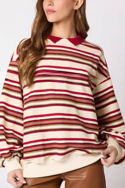 Sudadera informal holgada de manga larga con solapa a rayas 