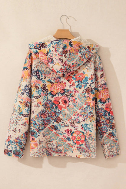 Chaqueta con capucha y forro de sherpa con estampado floral vintage de cachemira en beige