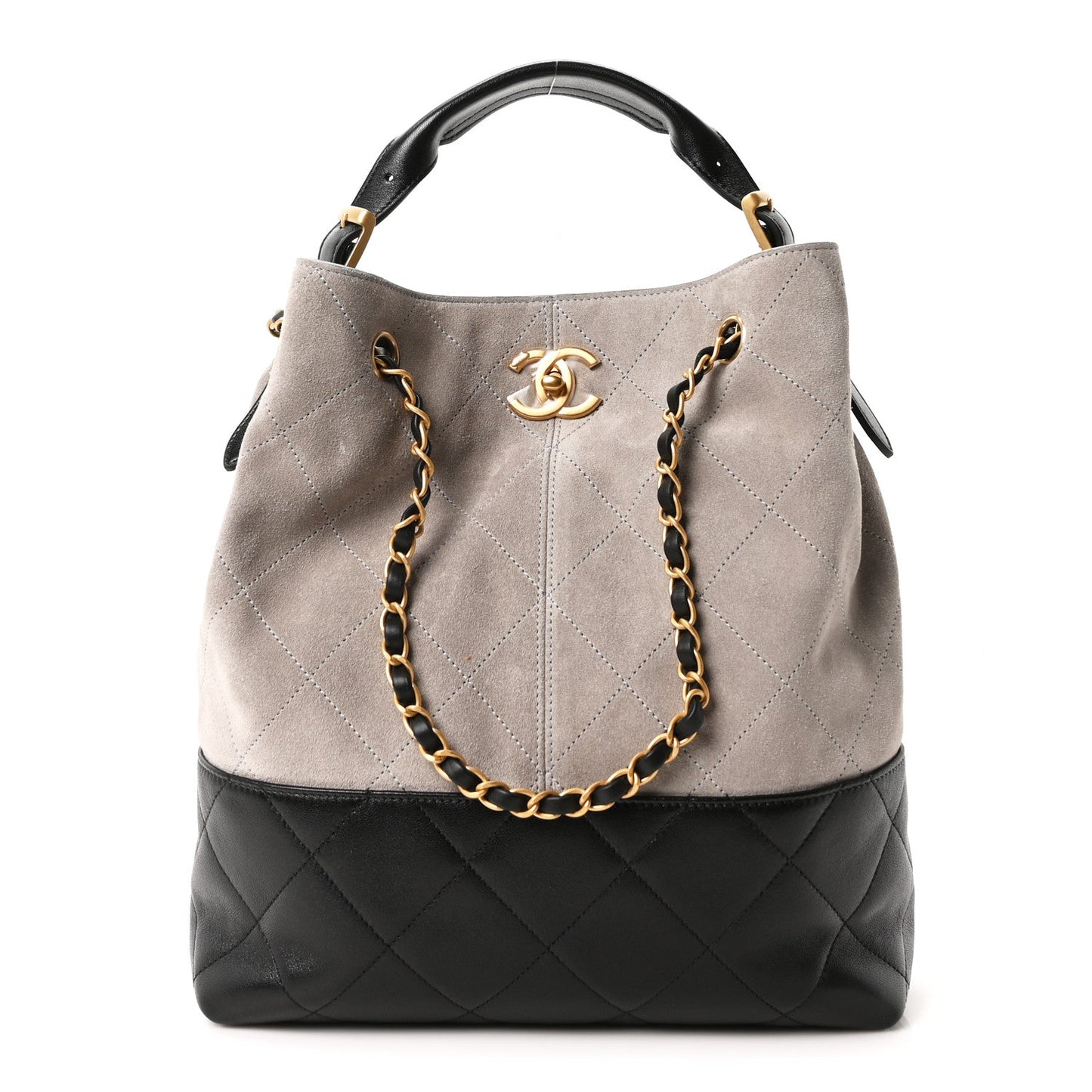 Suede Calfskin Shiny Lambskin Quilted Shopping Bag Grey Black