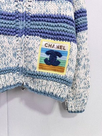 Chanel 2025 Striped Knit Cardigan Blue mix Colors Cashmere 325537