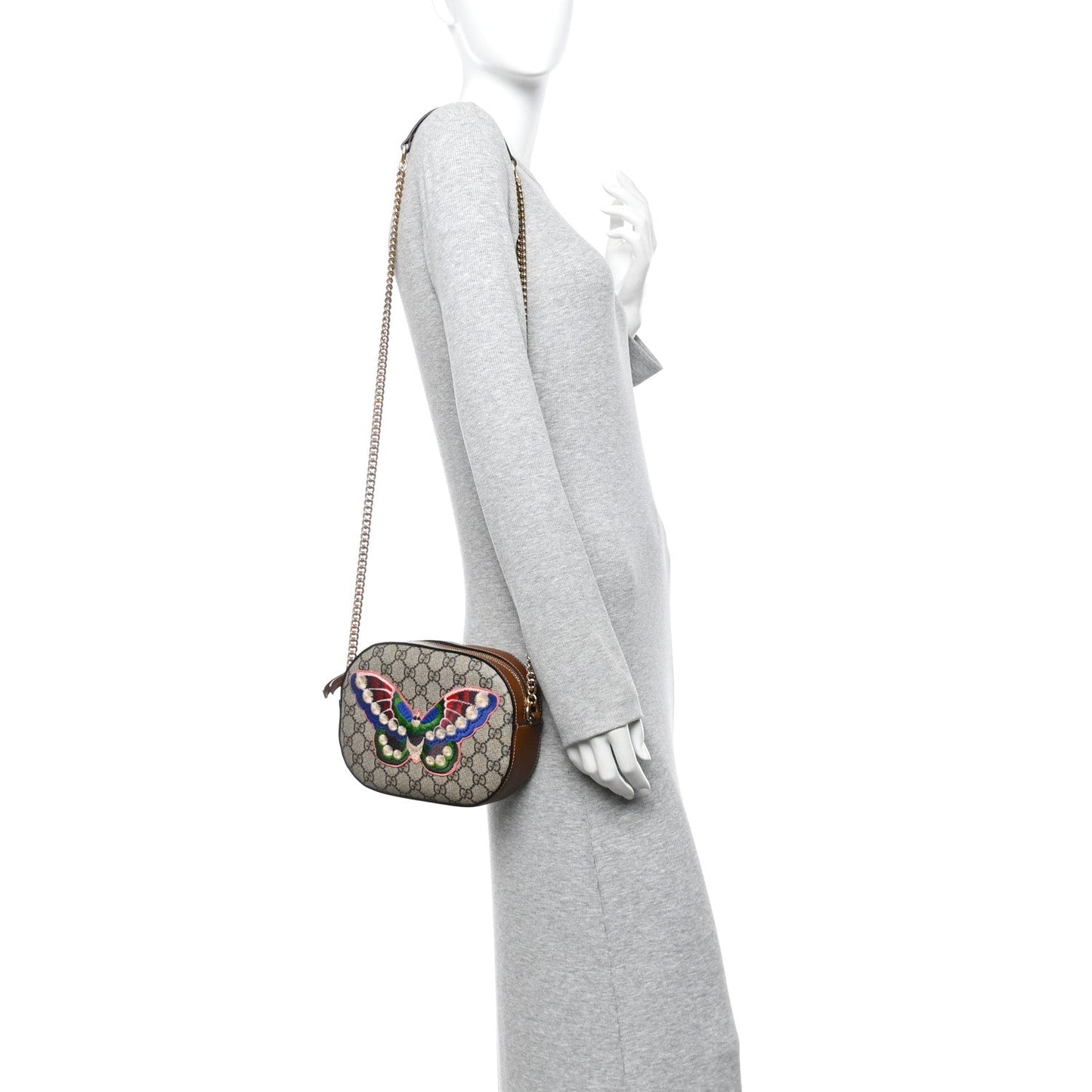 GG Supreme Monogram Butterfly Embroidered Mini Chain Shoulder Bag Beige Tuscany