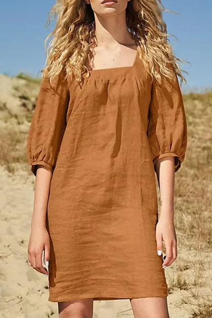 Vestido de lino y algodón con cuello cuadrado, informal, de estilo minimalista, con mangas abullonadas