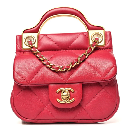 Calfskin Quilted Lady Handle Flap Card Holder With Chain Dark Pink
