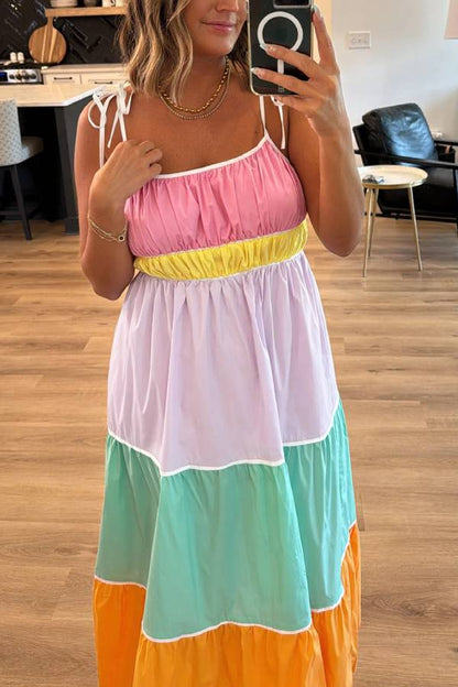 Vestido largo fluido de cintura alta con bolsillos, tirantes anudados y bloques de color multicolor