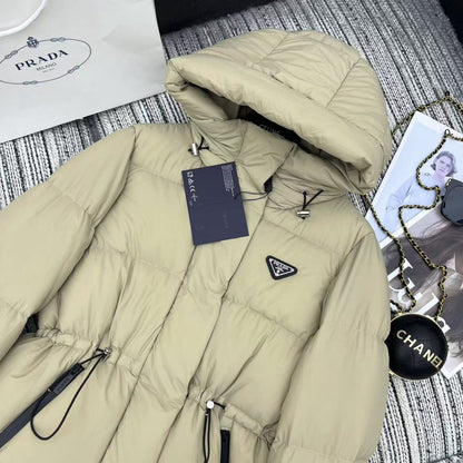 Prada 2025 Drawstring Waist Hooded Mig-length Jacket Down Polyester