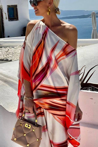 Conjunto de top de un hombro con mangas holgadas con abertura y pantalón con cintura elástica de satén estampado Island Girl