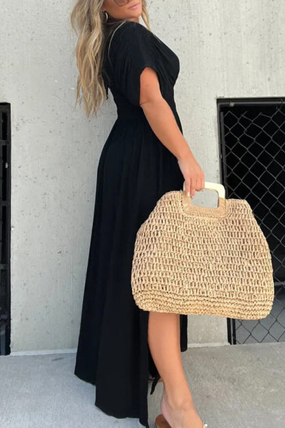 Vestido largo con abertura y detalle ahumado, bolsillos y mangas estilo kimono My Treasure 