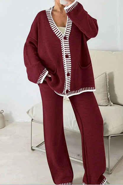 Conjunto de cárdigan informal de punto de manga larga con bolsillos y pantalones anchos y holgados con cintura elástica.