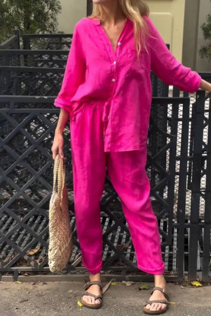 Conjunto informal de dos piezas de algodón y lino con cuello en V, camisa y pantalón de color liso 