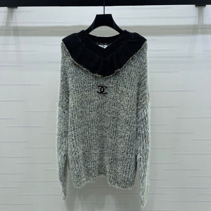 Chanel 2025 Ruffled Collar Shimmering Sweater Gray Black Polyester Wool 319566