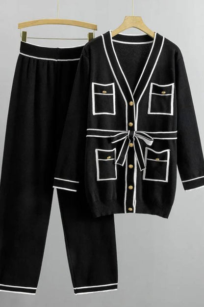 Elegante traje de suéter de dos piezas con contraste de colores