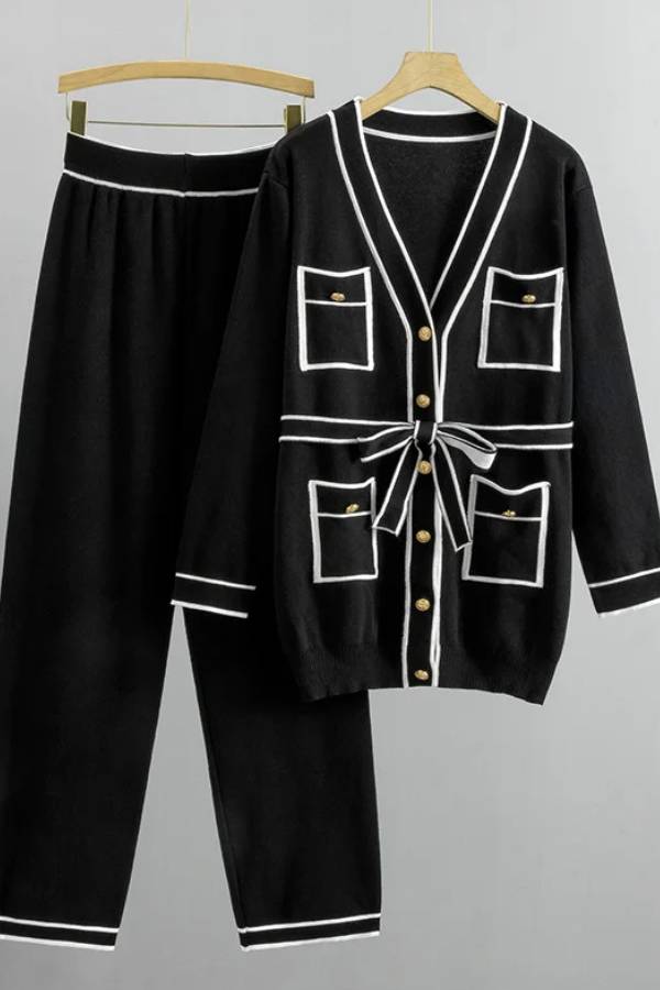 Elegante traje de suéter de dos piezas con contraste de colores