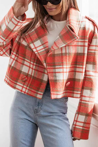 Chaqueta con estampado de cuadros y cuello vuelto para mujer, otoño/invierno