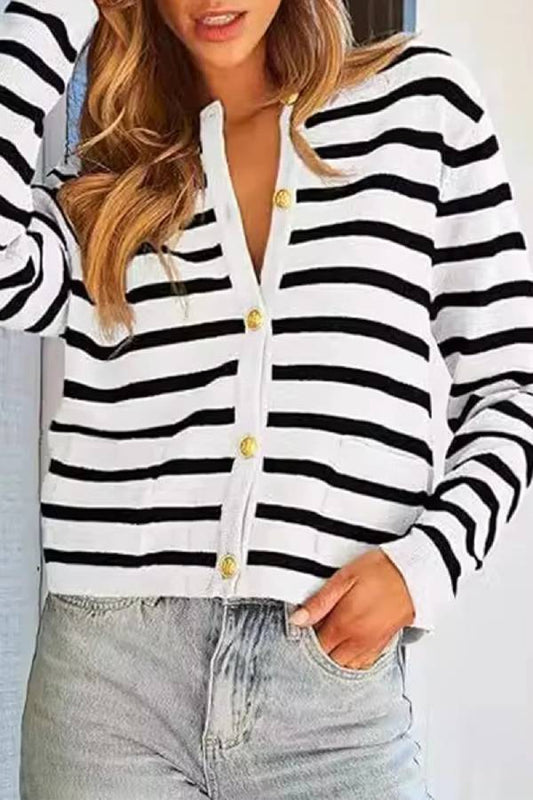Prenda exterior informal de cuello redondo con botones y rayas para uso diario 