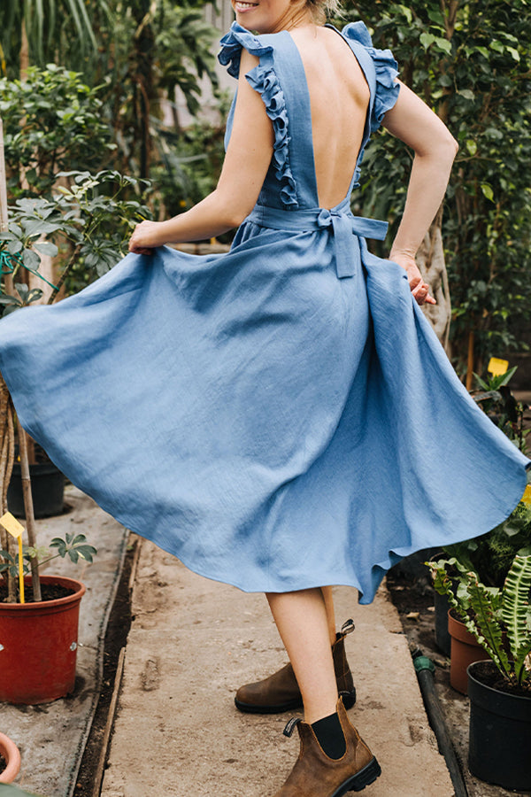 VESTIDO DE LINO CON MANGAS CON VOLANTES Y ESPALDA DESCONECTADAS