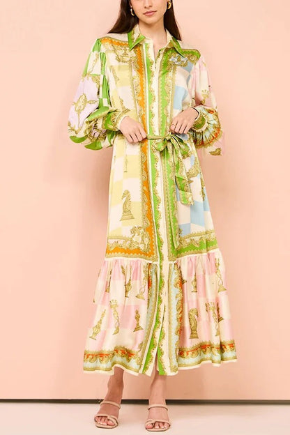 Vestido camisero largo con cinturón y mangas abullonadas con estampado único de satén para fiesta en el jardín