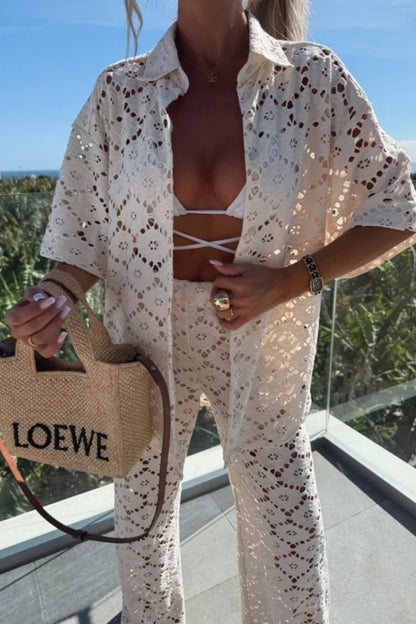 Conjunto de camisa de manga corta con encaje y pantalones anchos con cintura elástica y flores de crochet para las fiestas