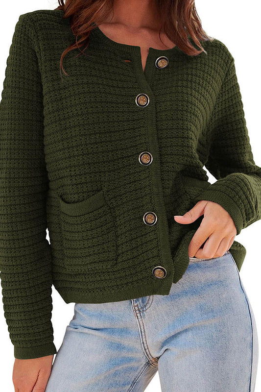 Nuevo cárdigan retro de punto con cuello redondo y manga larga