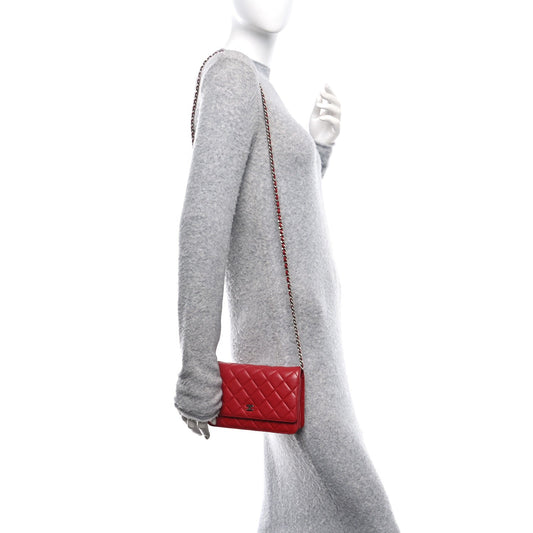 Lambskin Quilted Wallet On Chain WOC Red