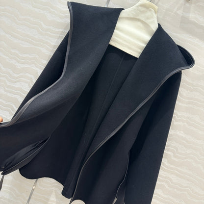 BV Hooded Leather Belt Coat in Black Cashmere