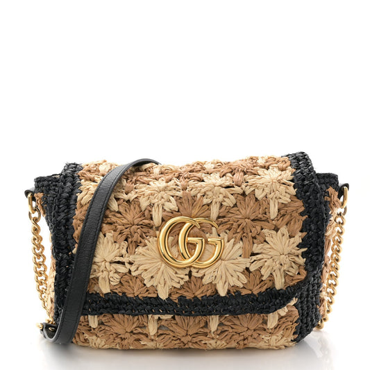 Raffia Azalea Calfskin Crochet Flower Small GG Marmont Shoulder Bag Natural Ecru Black