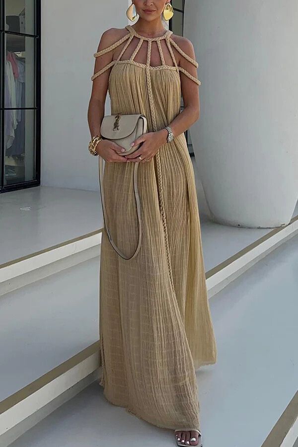 Vestido largo moderno y sofisticado de mezcla de lino con trenzas drapeadas