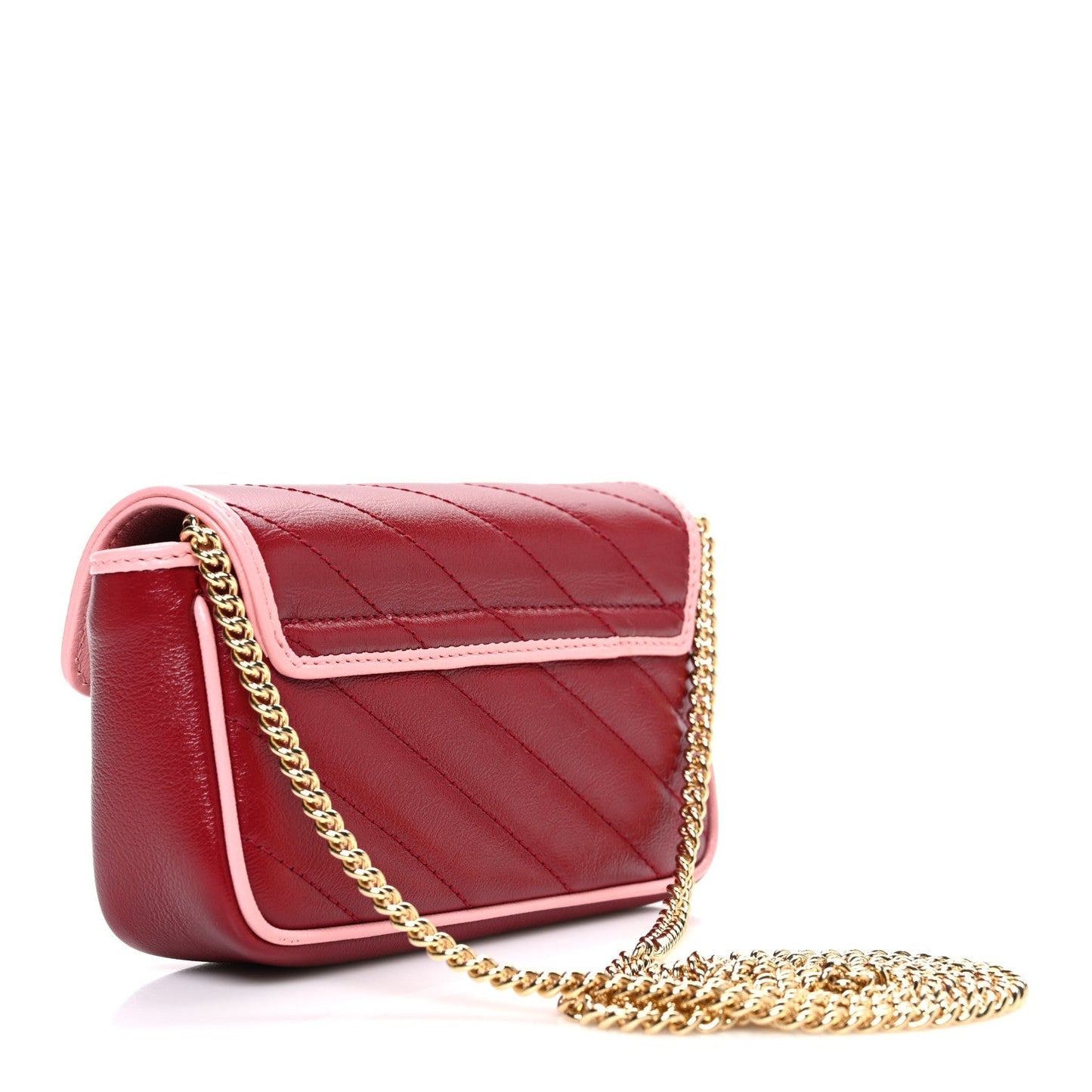 Azalea Calfskin Enamel Matelasse Diagonal Super Mini Torchon GG Marmont Shoulder Bag New Cherry Red Wild Rose