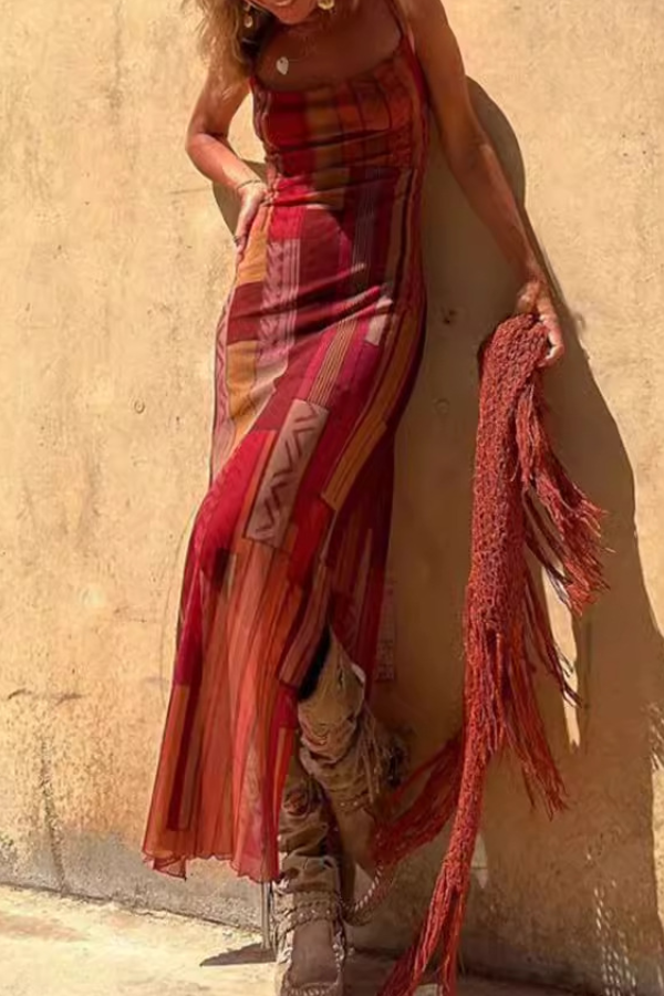 Vestido sexy de malla con tirantes y abertura elástica, estampado sin mangas
