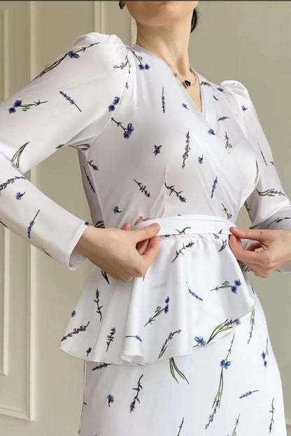 Eileen Floral Wrap Lace-Up Blouse & Maxi Skirt Set