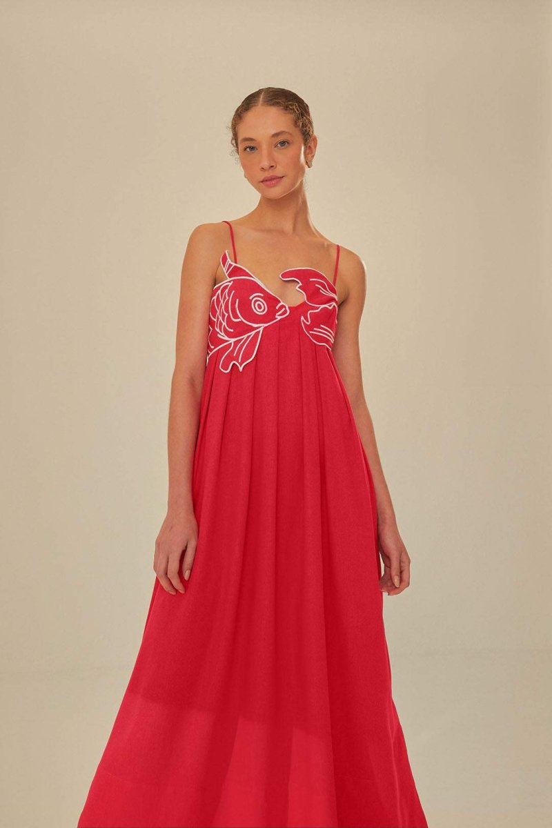 Vestido lencero largo con bordado de peces dorados de Eileen 