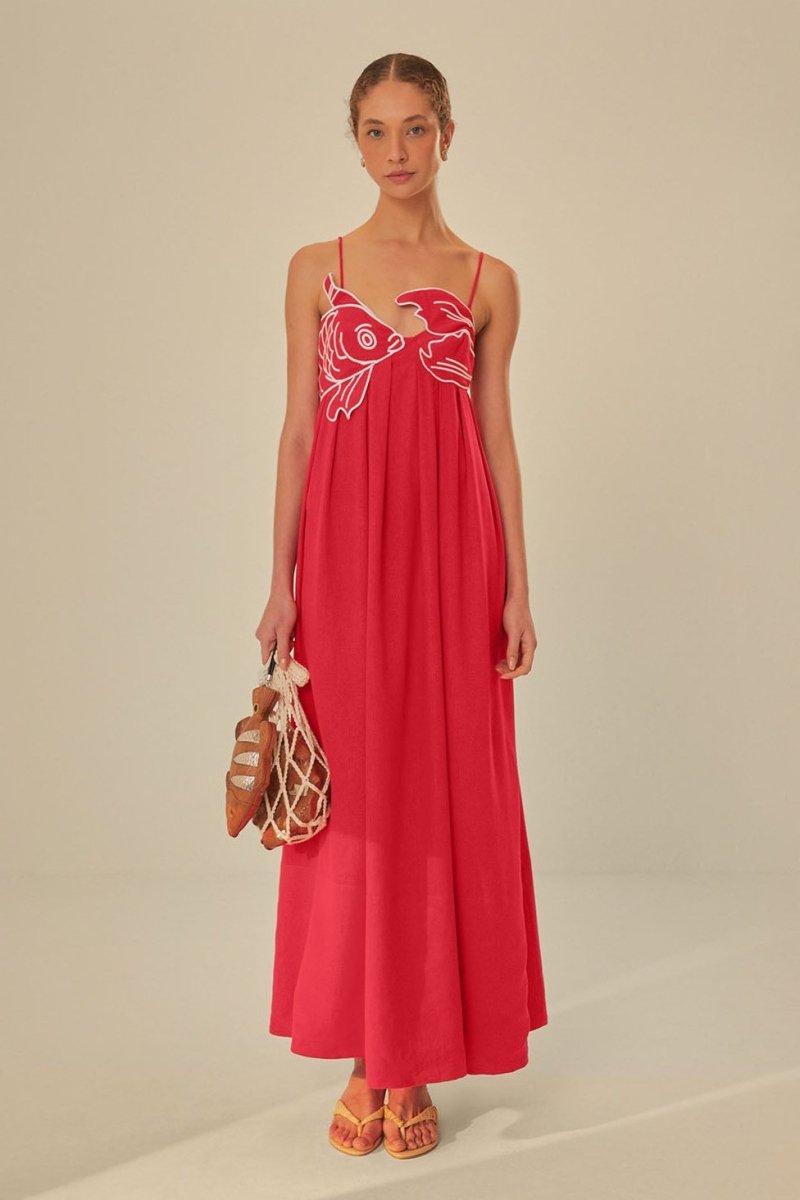 Vestido lencero largo con bordado de peces dorados de Eileen 