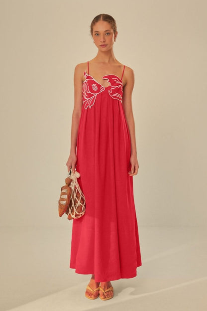 Vestido lencero largo con bordado de peces dorados de Eileen 