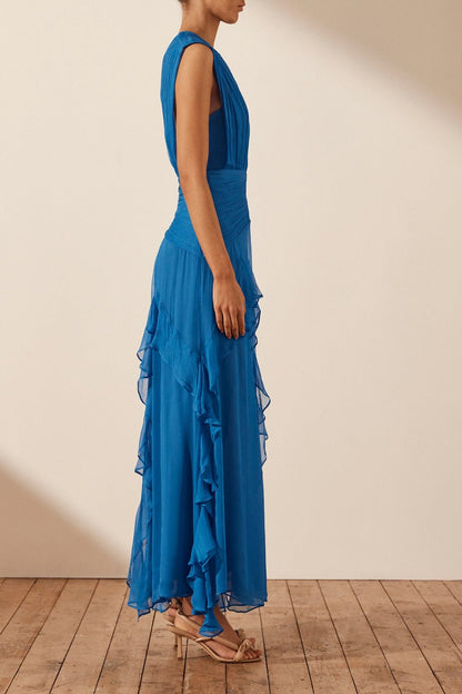 Vestido largo plisado con cuello redondo y volantes Eileen 
